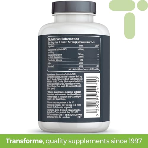 Transforme Glucosamine Chondroitin MSM Vitamin C, 365 Tablets, High Strength Complex, Up to 1 Year Supply, Easy to Swallow, UK Made