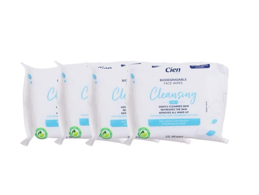 Cien - Lidl | Cleansing - 3 IN 1 | Biodegradable Face Wipes | For Normal & Combination Skin | With Vitamin E and ALmond Oil | 25 Wipes × 4 [BUNDLE]