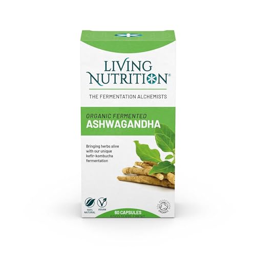 Living Nutrition Organic Fermented Ashwagandha (60 Capsules) | Support Sleep and Stress Reduction | 600mg Fermented Ashwagandha per Serving