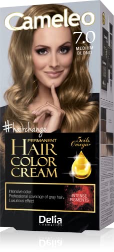 Delia Cosmetics Cameleo - Permanent Hair Colour Cream - Medium Blonde - Intensive Color & Protection - 5 Oils + Omega Plus Acids - Professional, Luxurious Hair Dye - Full Kit