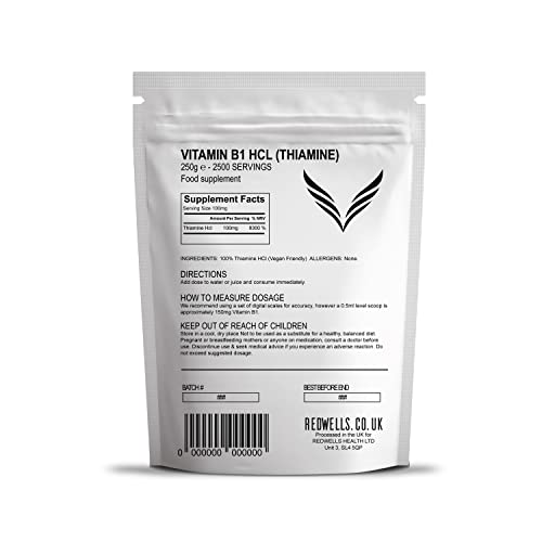 Vitamin B1 Powder Thiamine Hcl REDWELLS No Additives GMO Free Vegan - 250g Pack