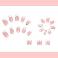 ZDHSOY 24Pcs French False Nails White Tip - Medium Square Fake Nails French Tip Press on Nails, Pink Full Cover False Nails with Rhinestones & Flowers Designs for Women Girls (Flower Design)