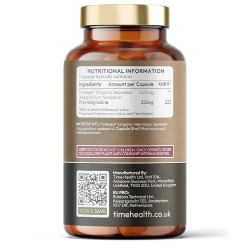 Time Health Iodine - Organic Scottish Sea Kelp - PureSea® Natural - UK Made - Zero Additives - Vegan - 120 Capsules