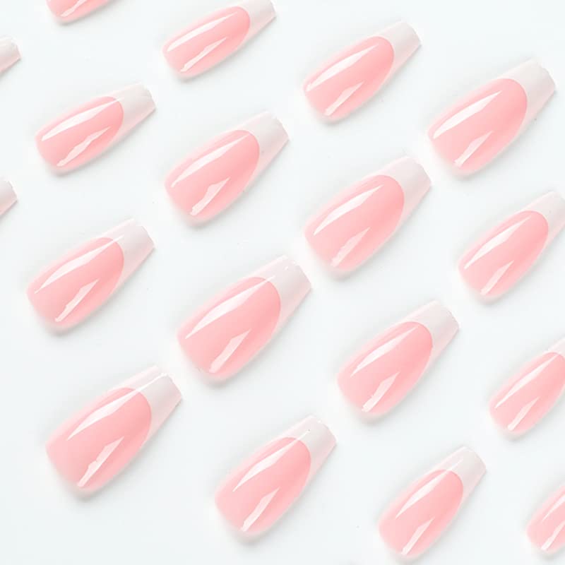 Maggidea French False Nails, Acrylic French Stick on Nails, 24pcs Strong Medium Long Coffin French Style Press On Nails with Glue White Tips Design Fake Nails (Pink Coffin)