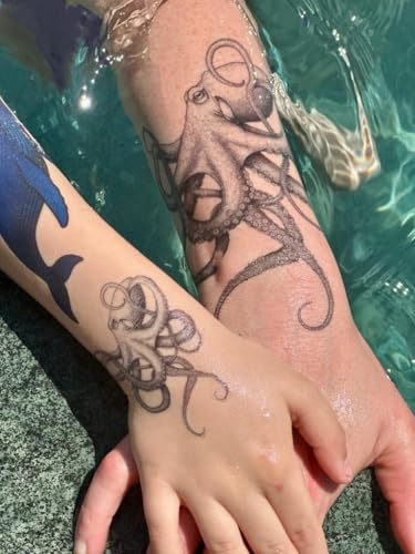 Matching Octopus Wrap Temporary Tattoo – Large 16x14cm + Small 8cm Realistic Tentacle Design for Hand & Arm – by Inkwear