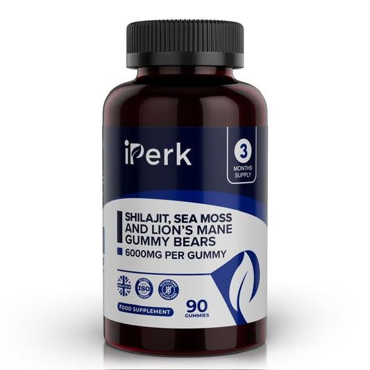 iperk iPerk Shilajit, Sea Moss & Lion’s Mane Gummy Bears | 3,000mg Shilajit | 6,000mg Total Per Gummy | 90ct | 3-Month Supply | Made in The UK | Halal | Natural Wellness Support