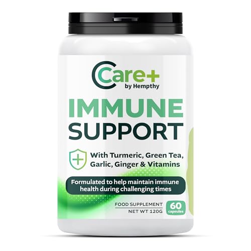 HEMPTHY THINK NATURALLY Immune Support Capsules: High Strength Turmeric, Green Tea, Garlic, Ginger & Vitamins D3, E - 60 Vegan Capsules (30 Day Supply) Made in The UK by Hempthy