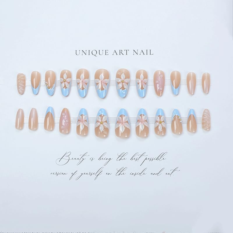 Nymora 24PCS Blue White Press On Nails, 3D Flower & Pearl Design for Summer, Medium False Nails Blue White French Lace