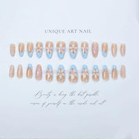 Nymora 24PCS Blue White Press On Nails, 3D Flower & Pearl Design for Summer, Medium False Nails Blue White French Lace