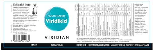 Viridian - ViridiKid Multivitamin & Mineral Capsules | Essential Nutritional Support for Kids 2+ | Pure Formula with Vitamins A, B, C, D, E, K, Zinc, Iron | Easy-to-Swallow Microcapsules | 150 Caps