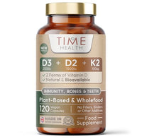Time Health Vitamin D3, D2, K2, Natural Wholefood Plant Based - Zero Additives - Pullulan (120 Capsule Pouch)