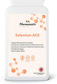 Pharmanostix Selenium ACE with Vitamins A, C & E – 365 Vegan Tablets – 12 Month Supply – for Maintenance of Normal Hair, Nails & Immune System – Made in UK