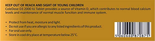 Vitamin D 2000 IU –Equivalent to 50 mcg - ColeDose D3, Premium Vitamin - Easy Swallow 30 Tablets- One a Day