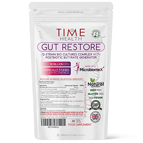 Time Health Gut Restore – 30 Billion CFU – Powerful 12 Strain Probiotic Formula – Postbiotic Butyrate Generator MicroBiomeX – Clinically Proven – Advanced Bio Cultures Complex , 60.0 count, Pack of 1