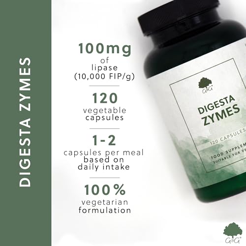 Digesta Zymes - Digestive Enzyme Supplement - Lipase, Protease, Trypsin, Ginger Root, Bromelain - 120 Vegetarian Capsules - Non-GMO, Made in the UK - G&G Vitamins