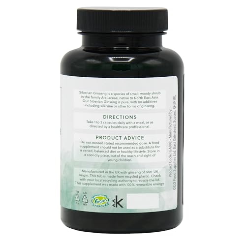 Siberian Ginseng Capsules 400mg - 120 Vegan Capsules - Non-GMO, Made in the UK - G&G Vitamins