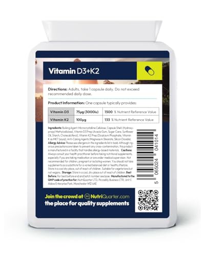 NutriQuarter Vitamin D3 & K2 – 3000 IU D3 & 100 µg K2 MK-7 – Supports Bone & Immune Health – 90 Vegetarian Capsules – UK Made