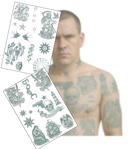 Inkwear Realistic Russian Prison Temporary Tattoos – 2 A4 Sheets – Aged & Faded Look – Fake Tattoos for Film, TV, Theatre, Halloween Cosplay – Long-Lasting, Skin Safe