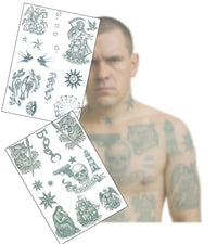 Inkwear Realistic Russian Prison Temporary Tattoos – 2 A4 Sheets – Aged & Faded Look – Fake Tattoos for Film, TV, Theatre, Halloween Cosplay – Long-Lasting, Skin Safe