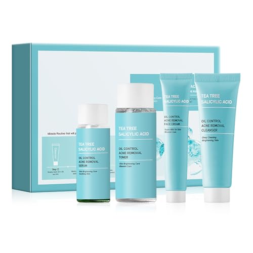 Tea Tree Salicylic Acid Skincare Set - Anti Acne Facial Skin Care Set with Toner, Cleanser, Serum and Face Cream