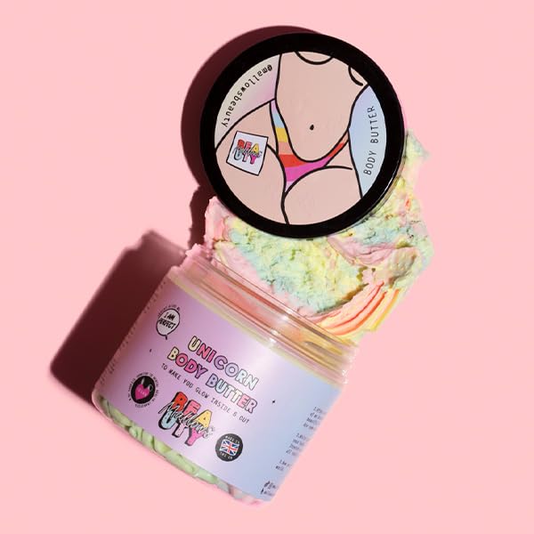 Mallows Beauty Unicorn Body Butter, Body Moisturiser with Essential Oils, Vitamin E, Coconut Oil, Cocoa Butter, Shea Butter, Non-greasy After-feel, 180g