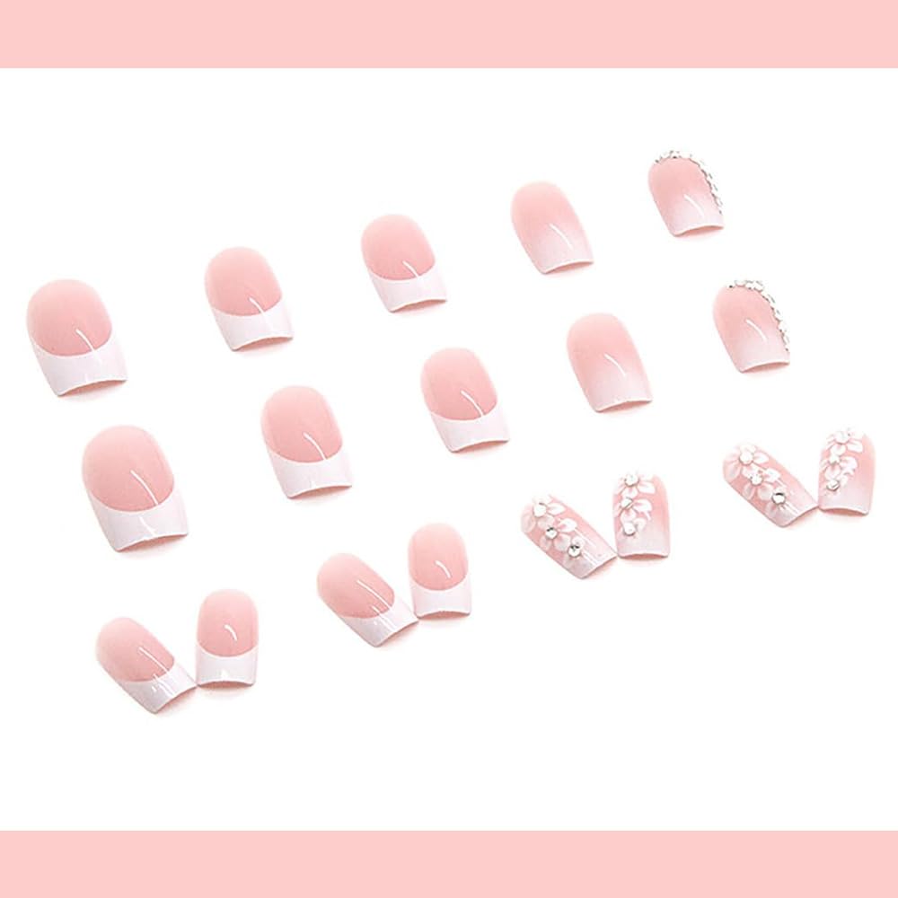 ZDHSOY 24Pcs French False Nails White Tip - Medium Square Fake Nails French Tip Press on Nails, Pink Full Cover False Nails with Rhinestones & Flowers Designs for Women Girls (Flower Design)