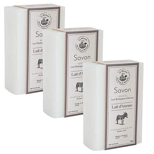 LA MAISON DU SAVON Maison du Savon de Marseille - French Soap Made with Fresh Organic Donkey Milk - Moisturising with Shea Butter for Soft Skin - 125g Bar - Set of 3