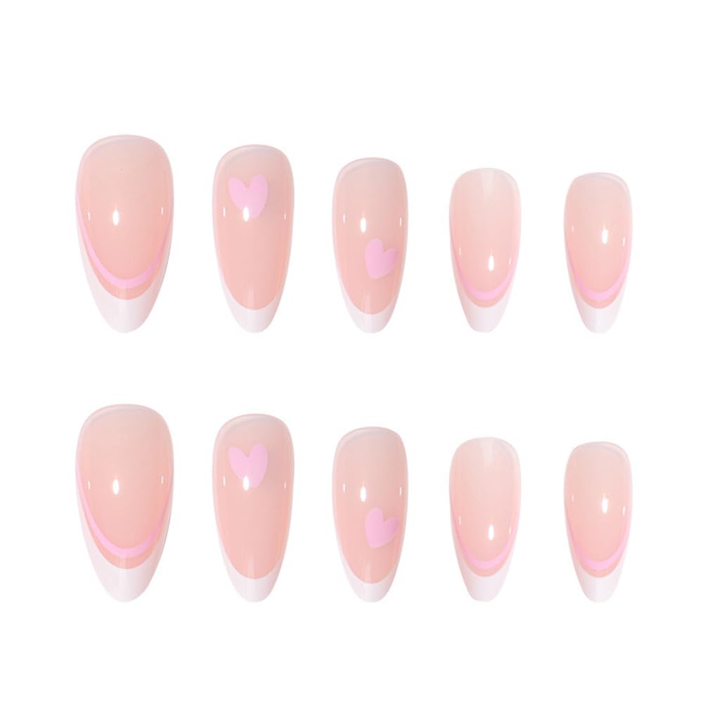 ZDHSOY 24Pcs French False Nails White Tip - Medium Length Fake Nails French Tip Press on Nails, Almond Pink with Ballet Heart Design for Women Girls (Ballet Heart Design)