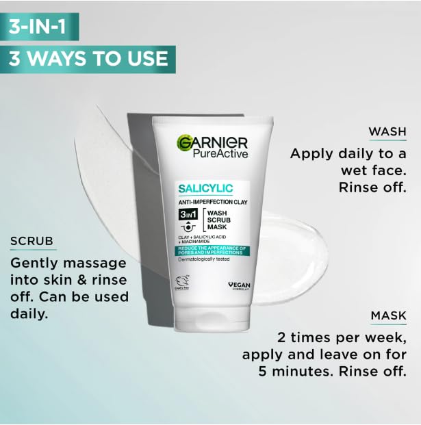 Garnier Pure Active 3in1 Clay Mask-Wash-Scrub 150ml, With Clay, Salicylic Acid, and Niacinamide, Face Cleanser For Oily Skin Prone to Blemishes, Eliminate Impurities & Reduce Pores