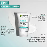 Garnier Pure Active 3in1 Clay Mask-Wash-Scrub 150ml, With Clay, Salicylic Acid, and Niacinamide, Face Cleanser For Oily Skin Prone to Blemishes, Eliminate Impurities & Reduce Pores