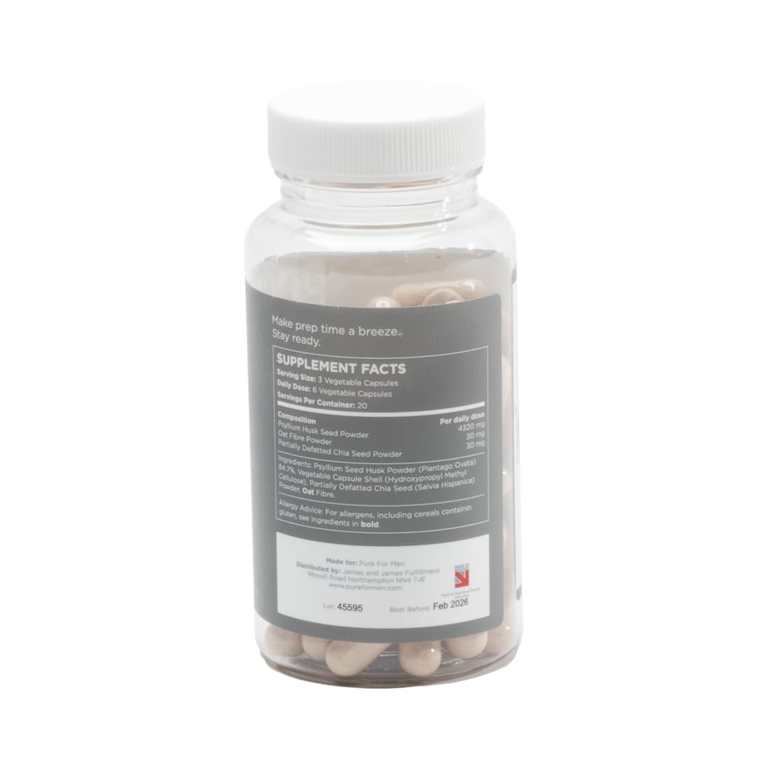 Pure for Men Original Cleanliness Stay Ready Fiber Supplement, 60 Vegan Capsules, Helps Promote Digestive Regularity. Psyllium Husk, Chia Seeds, Oat Fibre, Proprietary Formula