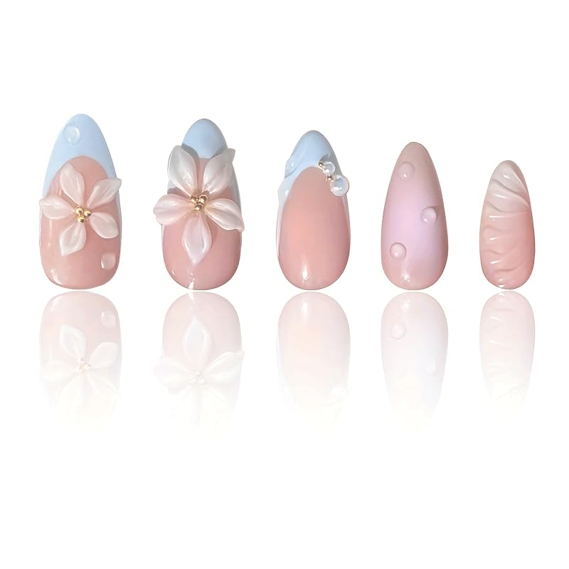 Nymora 24PCS Blue White Press On Nails, 3D Flower & Pearl Design for Summer, Medium False Nails Blue White French Lace