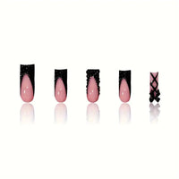 Generic 24PCS Black French Square Press On Nails with Rhinestones & 3D Bow Design -Glamorous Lace-Up Look, 12 Sizes, – Elegant Reusable