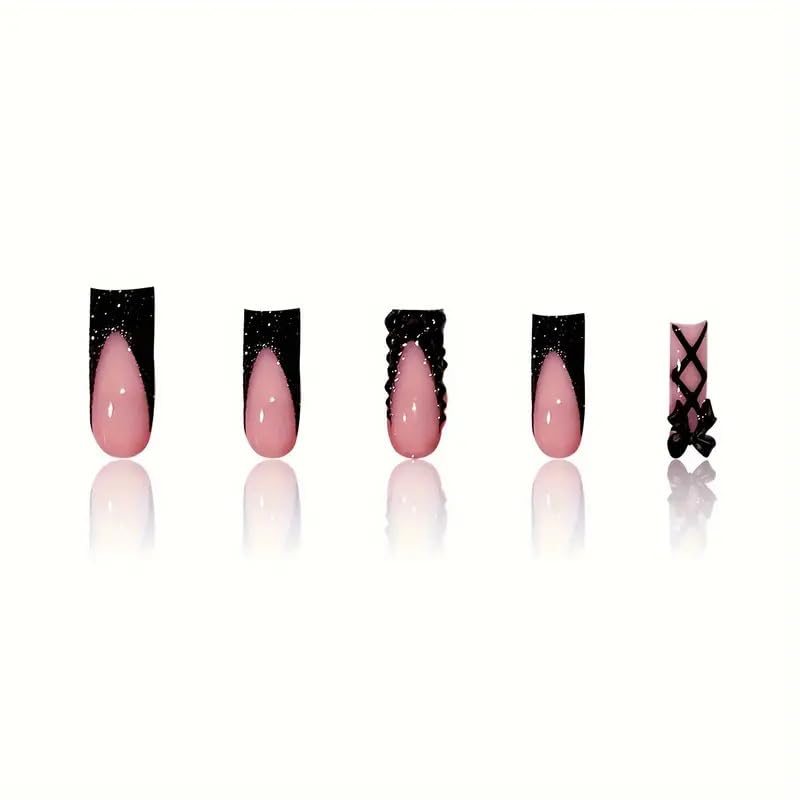 Generic 24PCS Black French Square Press On Nails with Rhinestones & 3D Bow Design -Glamorous Lace-Up Look, 12 Sizes, – Elegant Reusable