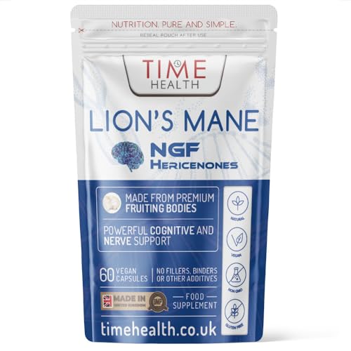 Time Health Lions Mane NGF - High Strength - Vegan - No Fillers, Binders or Flow Agents - Pullulan Capsules (60 Capsule Pouch)
