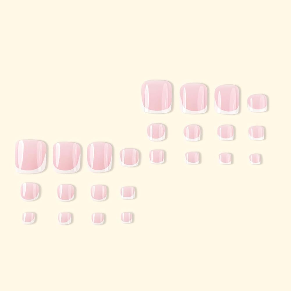 Mornery 24Pcs French Tip False Toenails - Short Square Nude Pink Fake Toe Nail/White French Tip Press on Toenails - Acrylic Full Cover Fake Toenails Nail Art Set for Women Girls (Pink & White Toenails)