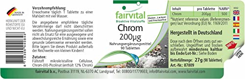 Fairvital | Chromium 200mcg from Chromium picolinate - Bulk Pack for 3 Months - HIGH Dosage - Vegan - 90 Tablets
