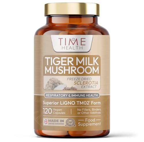 Tiger Milk Mushroom - 120 Capsules - 450mg Extract - LiGNO TM02® - >30% Polysaccharides - Lignosus rhinocerus - GMP - Vegan Supplement - No Synthetic Additives - Time Health