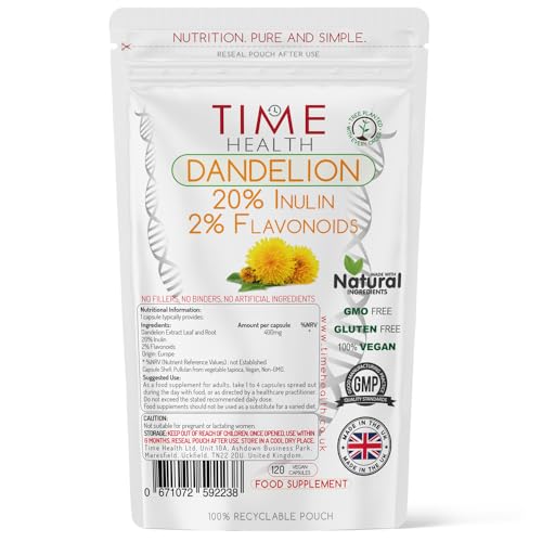 Time Health European Dandelion Extract Capsules - Full Spectrum - High Strength 2400mg Wholefood Equivalent per Capsule - 20% Inulin / 2% Flavanoids - Vegan - No Additives - Pullulan