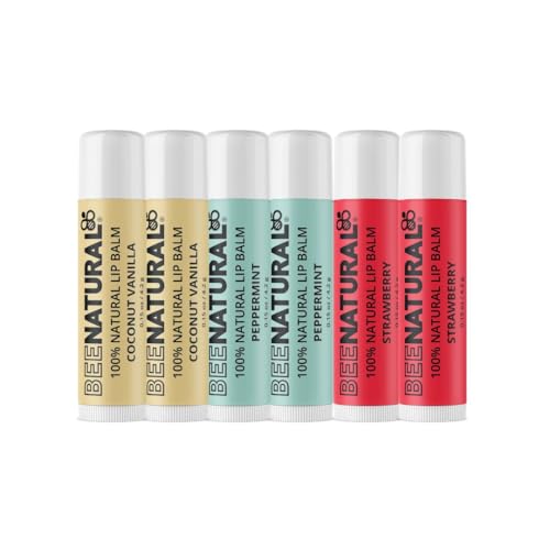 Bee Natural 100% Natural Moisturising Lip Balm - Multi Flavour (Peppermint, Coconut Vanilla, Strawberry) Pack of 6