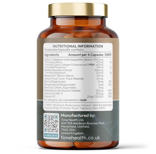 Time Health Bone Regen® – Osteo Support – Bone Strength, Density & Fracture Repair – with Calcium, Magnesium, Vitamin D3, K2, Zinc & Collagen – Clinically Proven Ingredients – GMP – UK Made Supplement