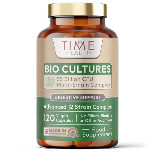 Time Health Bio Cultures Complex – 55 Billion CFU – Advanced 12 Strain Probiotic Formula - Digestion, Immunity & Cognitive Support – Vegan Probiotics – UK Made