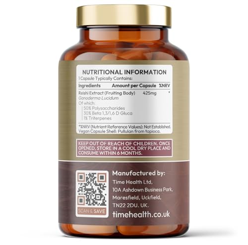 Time Health Reishi (Ganoderma lucidum) - High Strength 50% Polysaccharides / 30% Beta 1,3/1,6 D Glucan - Dual Extracted - UK Manufactured - Zero Additives - Pullulan (120 Capsules)
