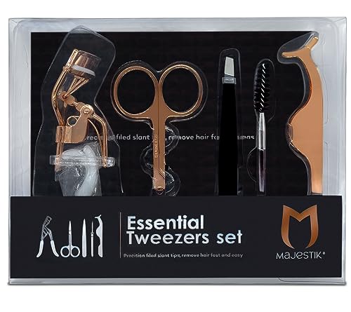The Brow & Lash Rose Gold Set Eyelash & Eyebrow Tools Kit Includes Tweezers Lash Curler Spoolie Brush and scissors Idol Gift for Women By Majestik+