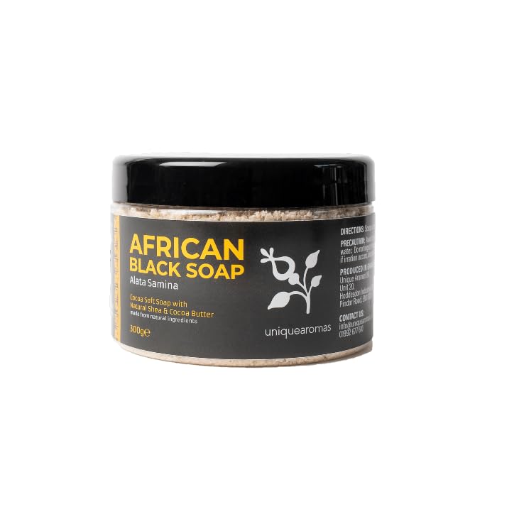 UNIQUE AROMAS Unique Aromas African Black Soap Skin Care, All in One Body Wash, Face Wash, Shampoo & Shaving Soap with Fair Trade Shea Butter Organic Soap for Acne, Rashes, Scar Removal (Unscented, 300g)
