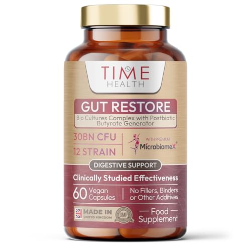 Time Health Gut Restore – Rewild Your Gut – 12 Strain Probiotic & Postbiotic Butyrate – MicroBiomeX – Clinically Proven – Advanced Bio Cultures Formula – Vegan Probiotics – UK Made - 60 Capsules