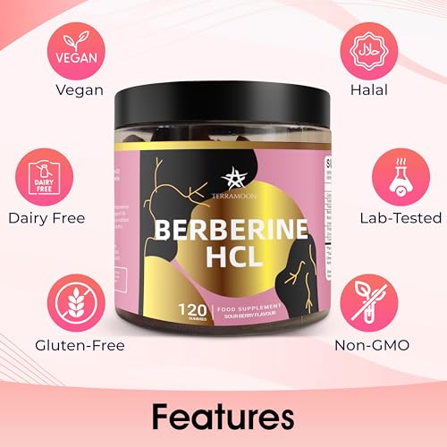 TERRAMOON Berberine HCL 98% 120 Gummies, 4 Month Supply, Mixed Berries Flavour, with Ceylon Cinnamon and Turmeric Extract