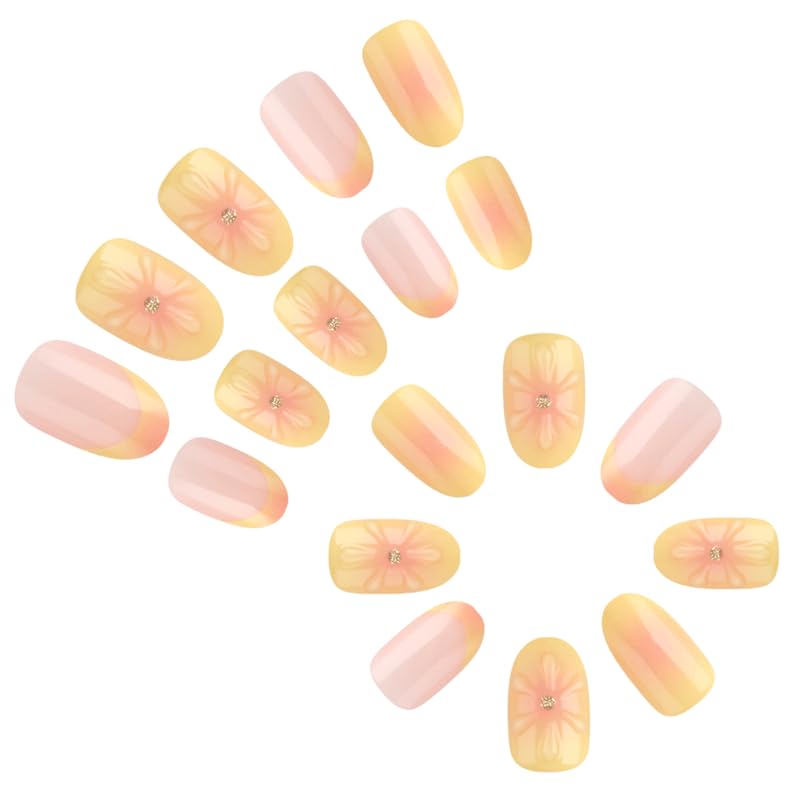 Nymora 24PCS Yellow Flower 3D Press on Nails - Summer Jelly Gel Nail Art Kit with Glue Strips & File for Instant Elegance