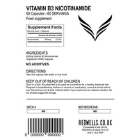 Vitamin B3 Capsules 500mg Nicotinamide REDWELLS No Additives Non Flush - 60 Pack