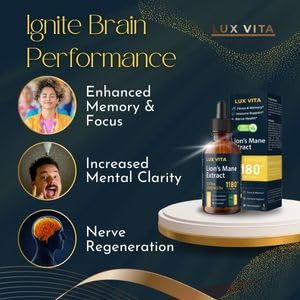 Lux Vita Organic Mushroom Lions Mane Supplement 1180mg Vegan and Non-GMO Extra Strength Liquid Drops for Brain Booster, Immune Support and Nerve Health